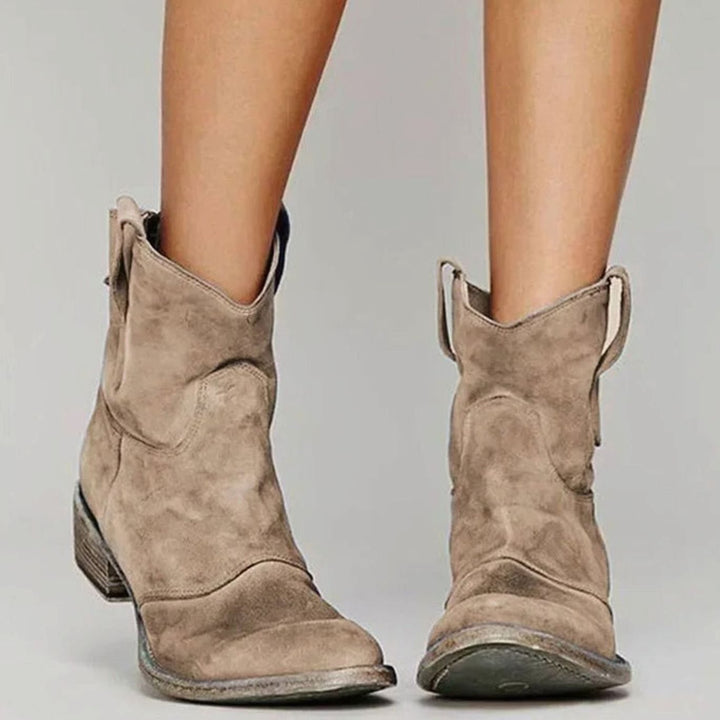Women's Brown Suede Ankle Boots Western Block-Heel Cowboy Style