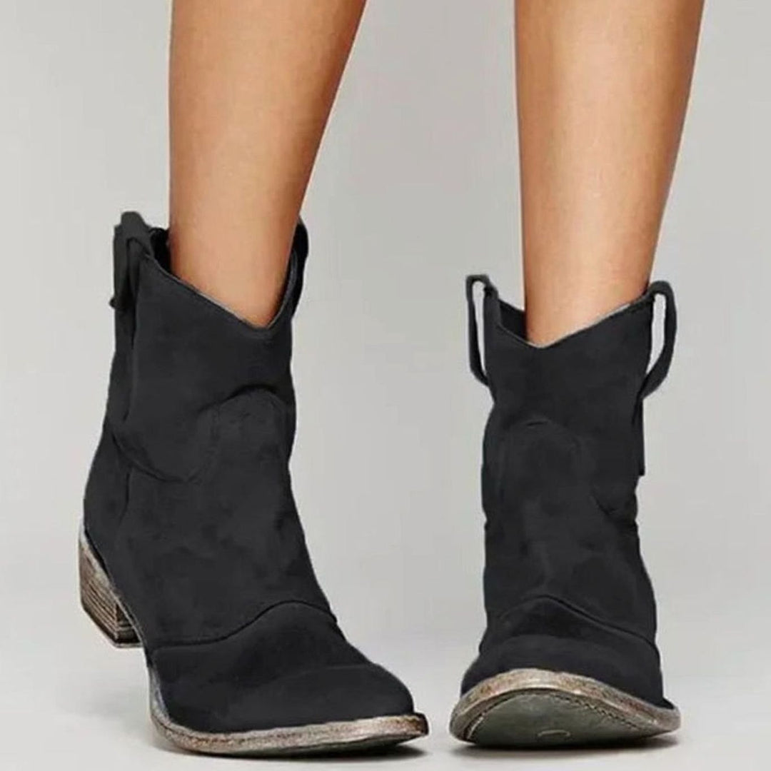 Women's Brown Suede Ankle Boots Western Block-Heel Cowboy Style - Black