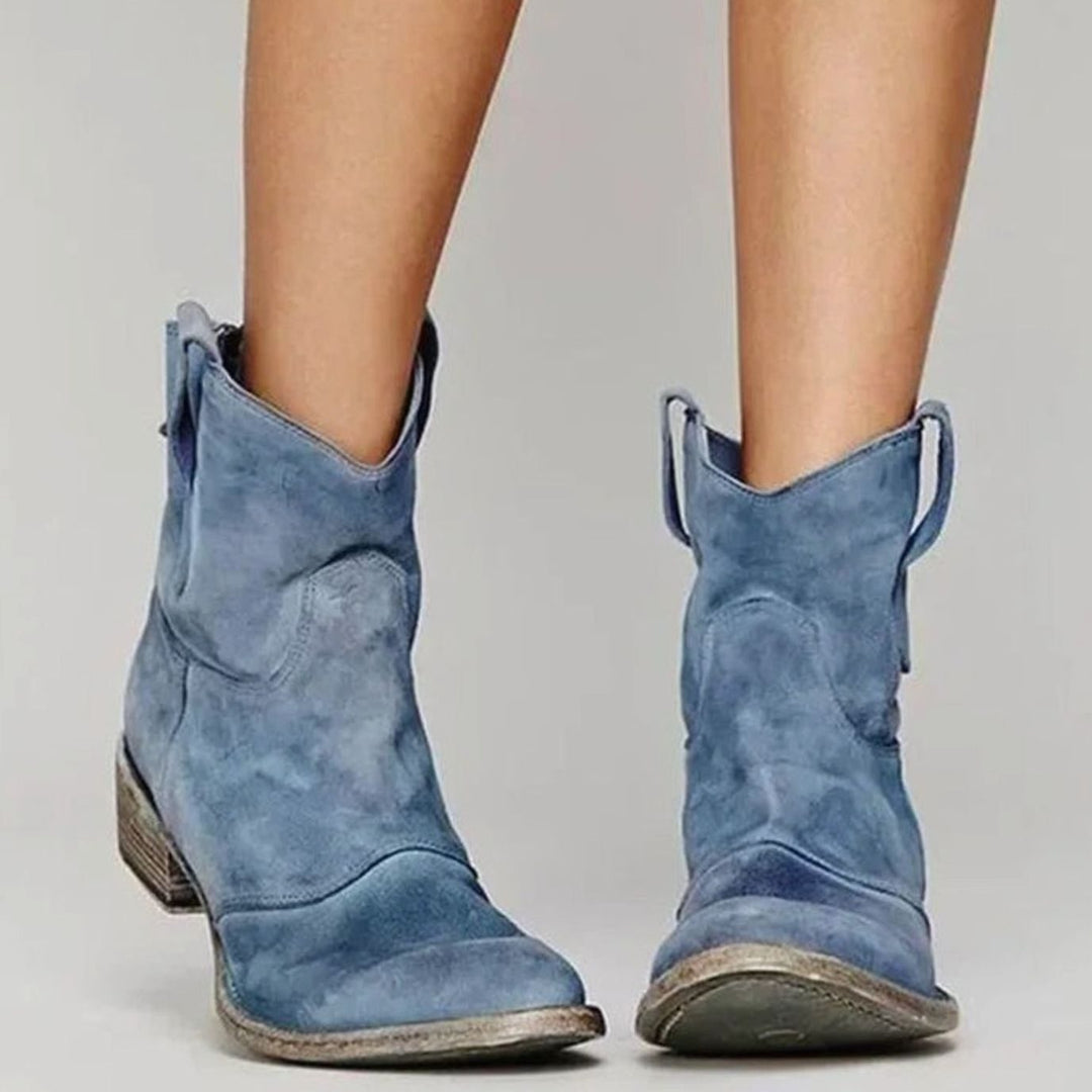 Women's Brown Suede Ankle Boots Western Block-Heel Cowboy Style - Blue