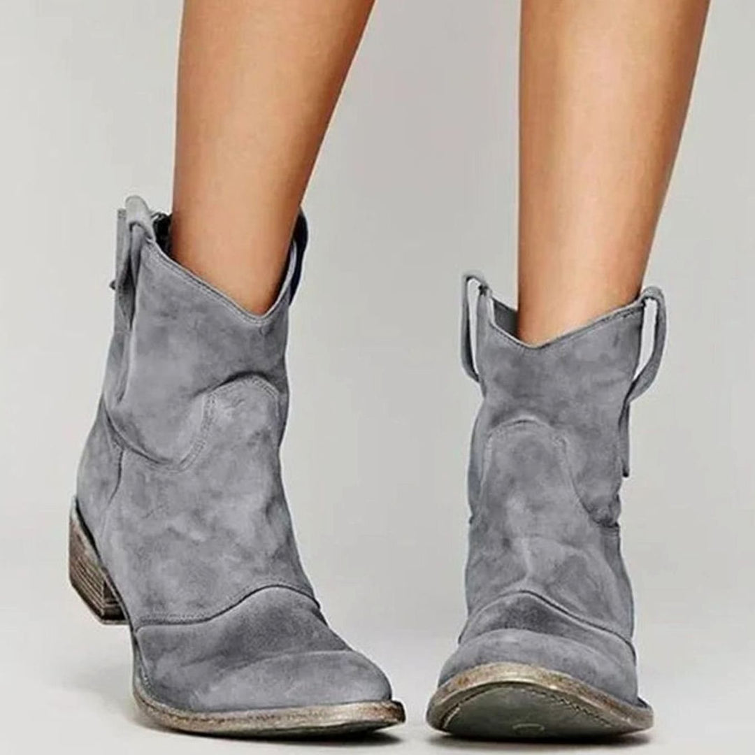 Women's Brown Suede Ankle Boots Western Block-Heel Cowboy Style - Grey