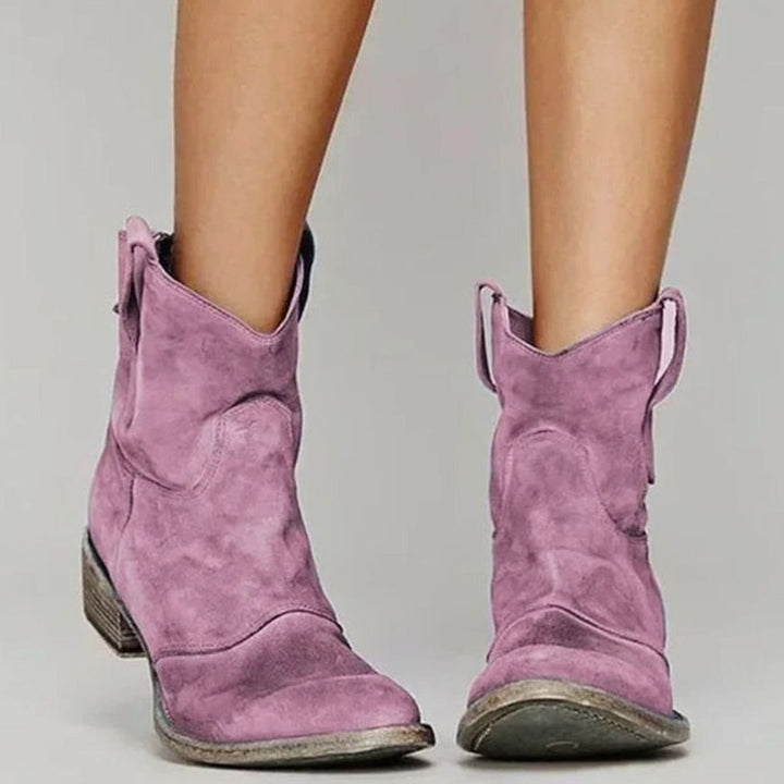 Women's Brown Suede Ankle Boots Western Block-Heel Cowboy Style - Pink