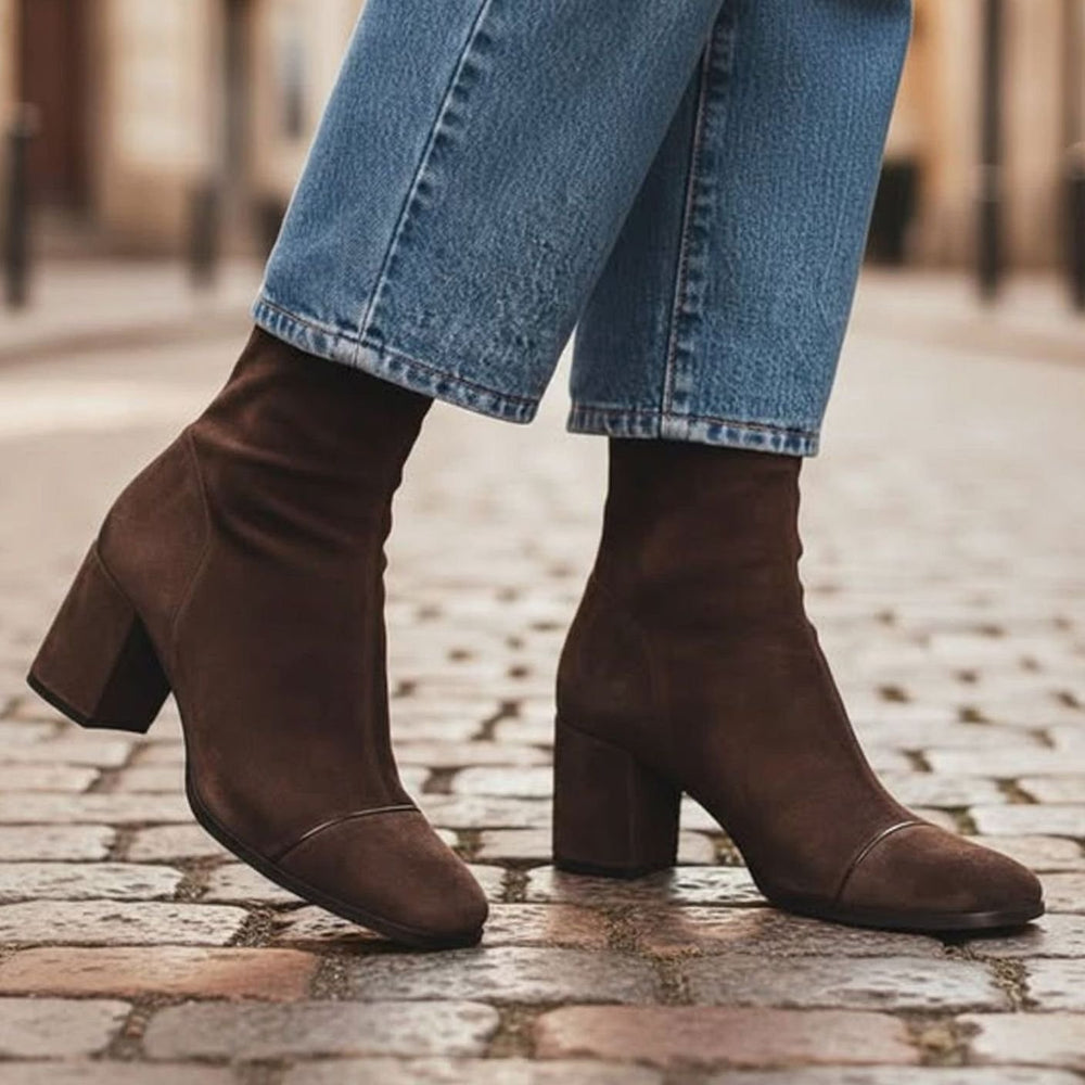 Women's Brown Suede Square-Toe Block-Heel Ankle Boots