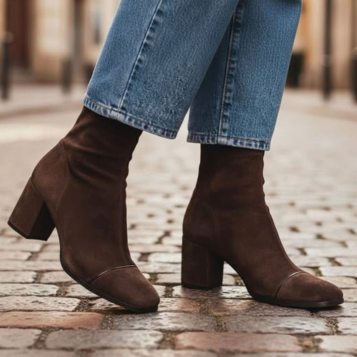 Women's Brown Suede Square-Toe Block Heel Ankle Boots