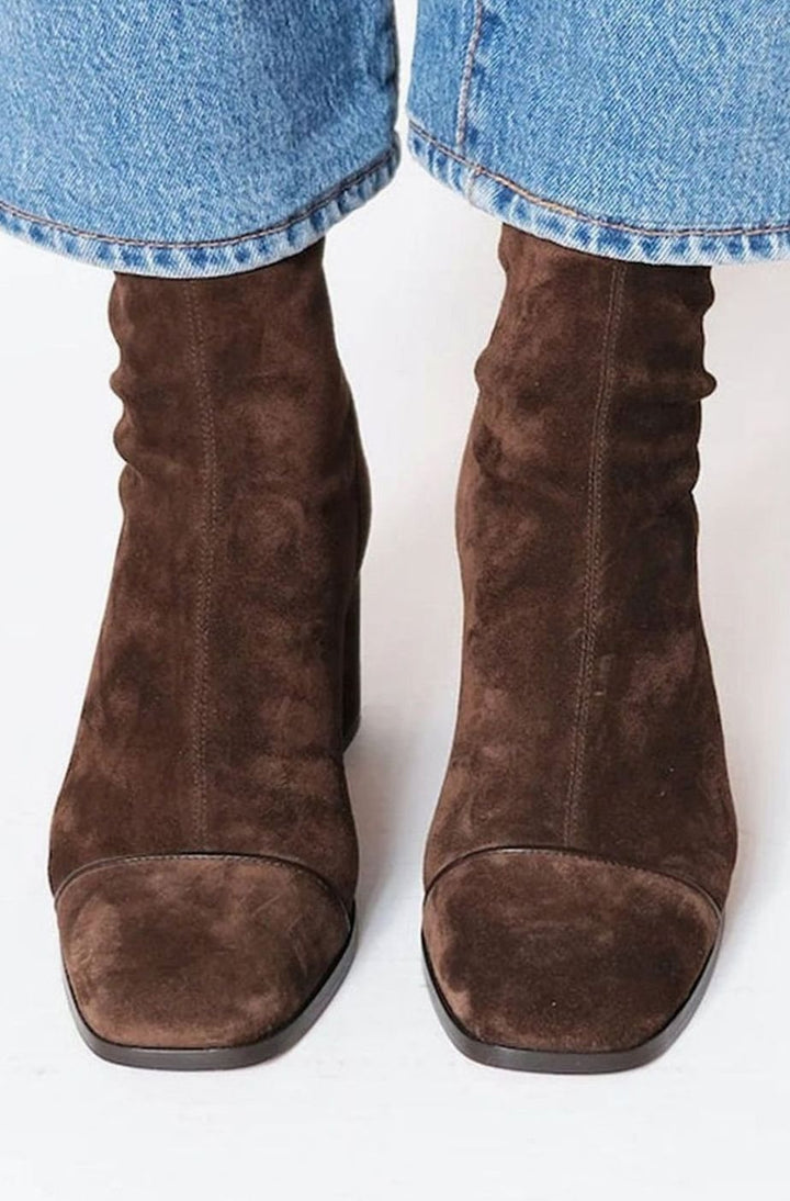 Women's Brown Suede Square-Toe Block-Heel Ankle Boots