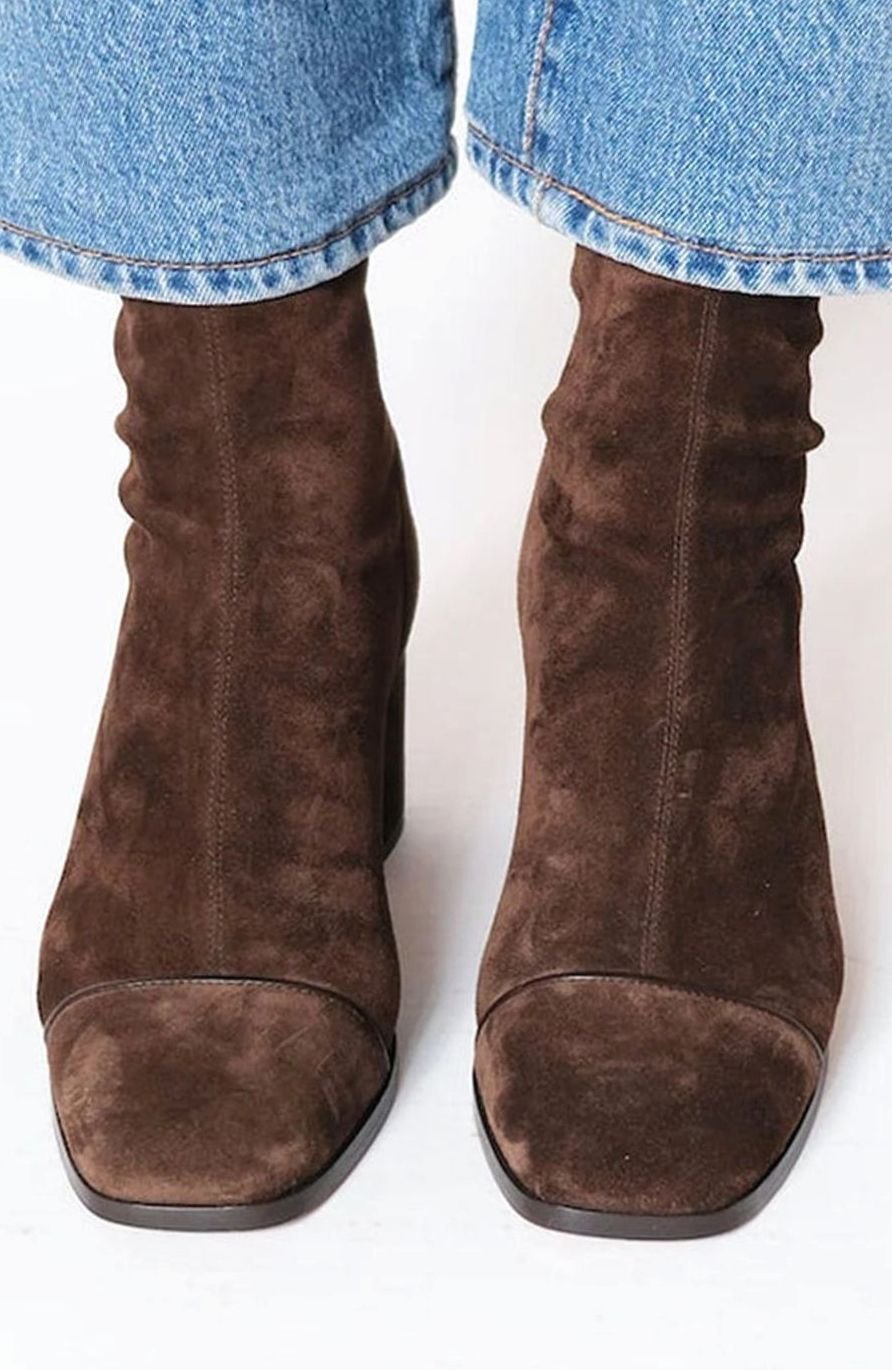 Women's Brown Suede Square-Toe Block Heel Ankle Boots