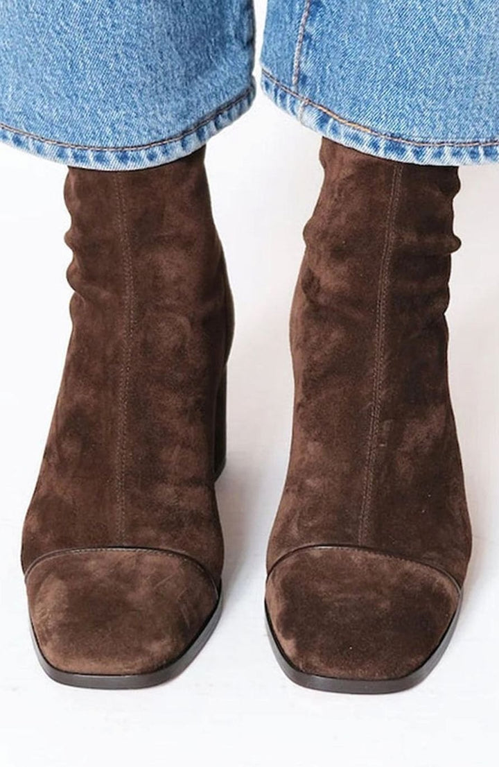 Women's Brown Suede Square-Toe Block Heel Ankle Boots