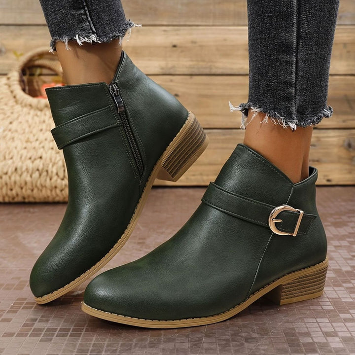 Women's Buckle-Strap Low Block Heel Ankle Boots - Green