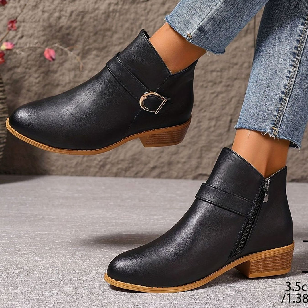 Women's Buckle-Strap Low Block Heel Ankle Boots - Black