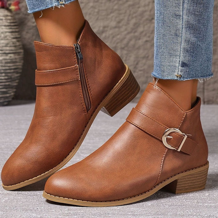 Women's Buckle-Strap Low Block Heel Ankle Boots - Brown