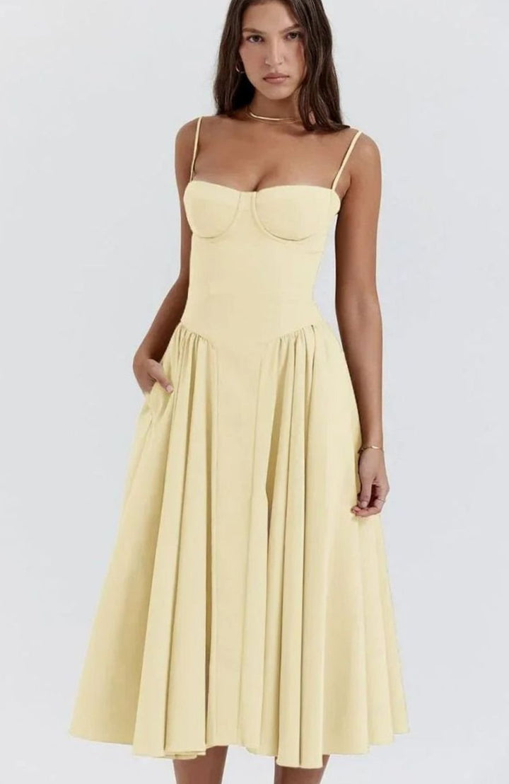 Women's Bustier Midi Flared Spaghetti-Strap Dress
