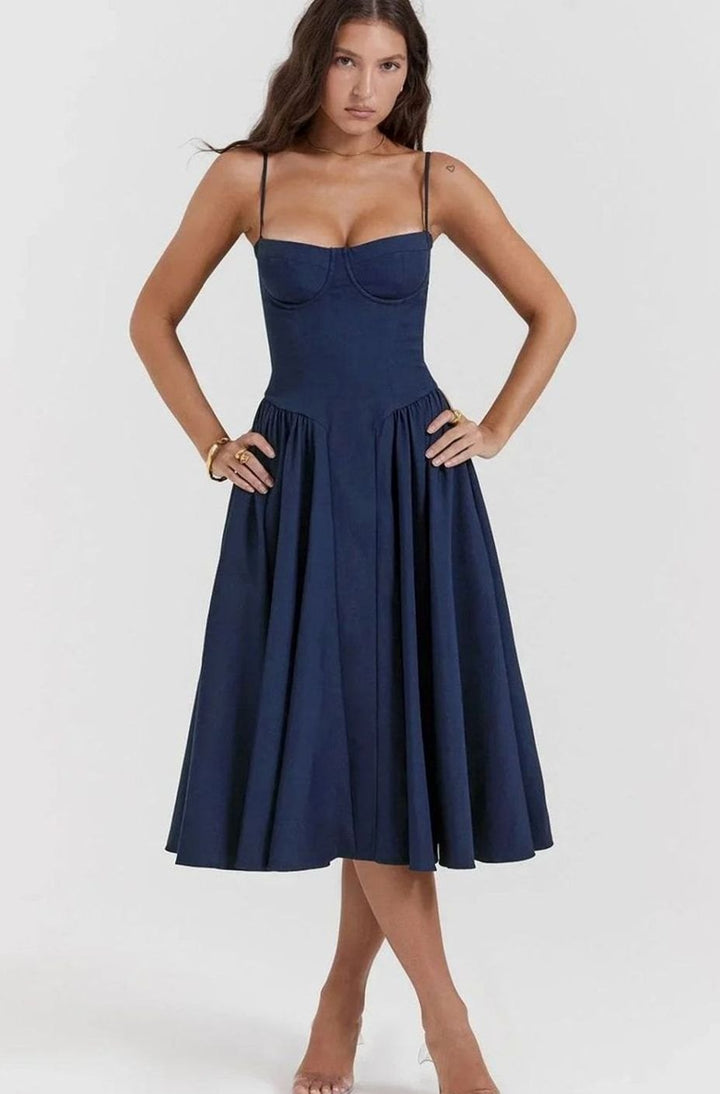 Women's Bustier Midi Flared Spaghetti-Strap Dress