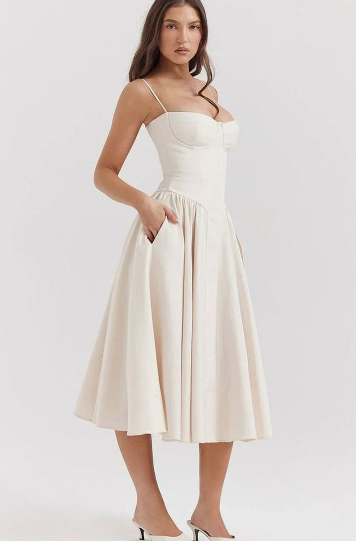 Women's Bustier Midi Flared Spaghetti-Strap Dress