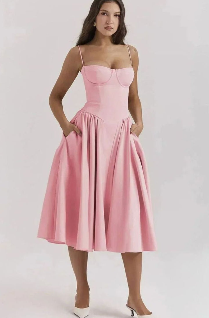 Women's Bustier Midi Flared Spaghetti-Strap Dress