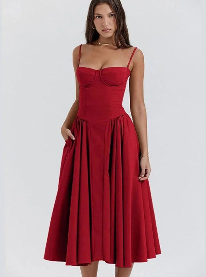 Women's Bustier Midi Flared Spaghetti-Strap Dress