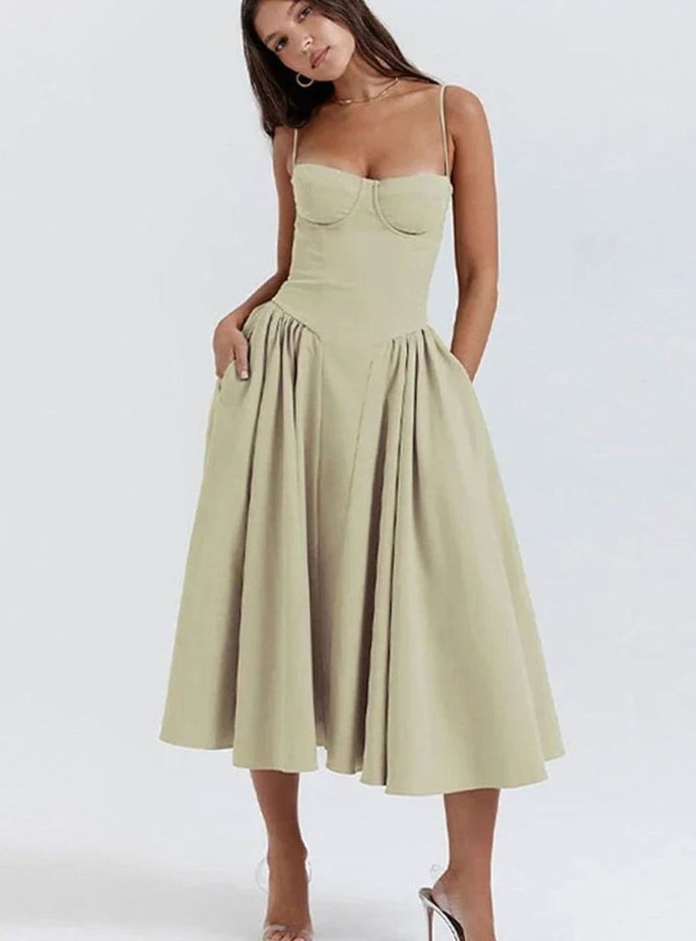 Women's Bustier Midi Flared Spaghetti-Strap Dress, Yellow