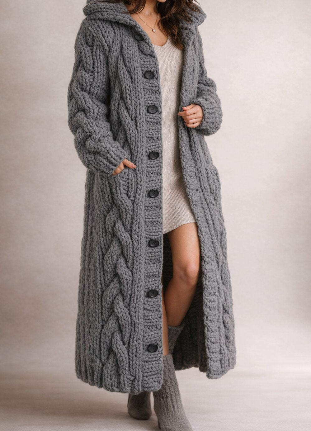 Women's Cable-Knit Hooded Maxi Cardigan Coat Button-Front - Dark Grey