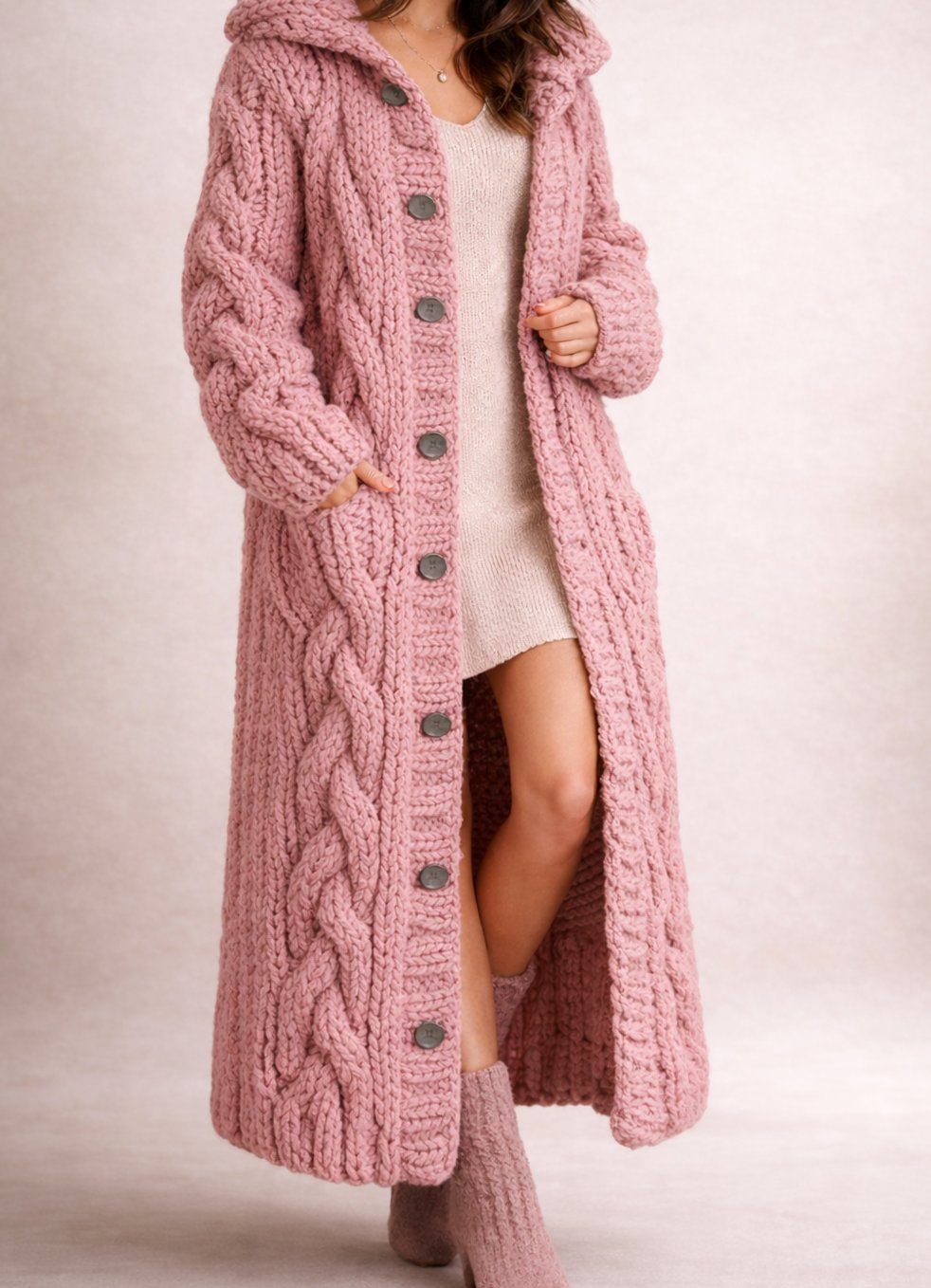 Women's Cable-Knit Hooded Maxi Cardigan Coat Button-Front - Pink