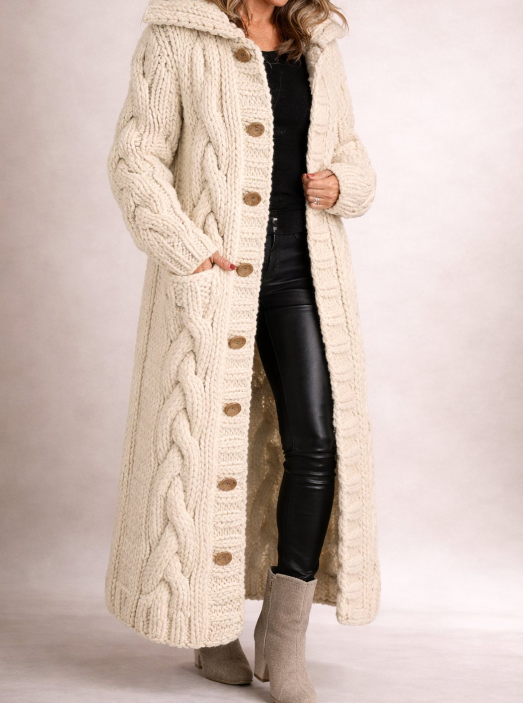 Women's Cable-Knit Hooded Maxi Cardigan Coat Button-Front - Beige