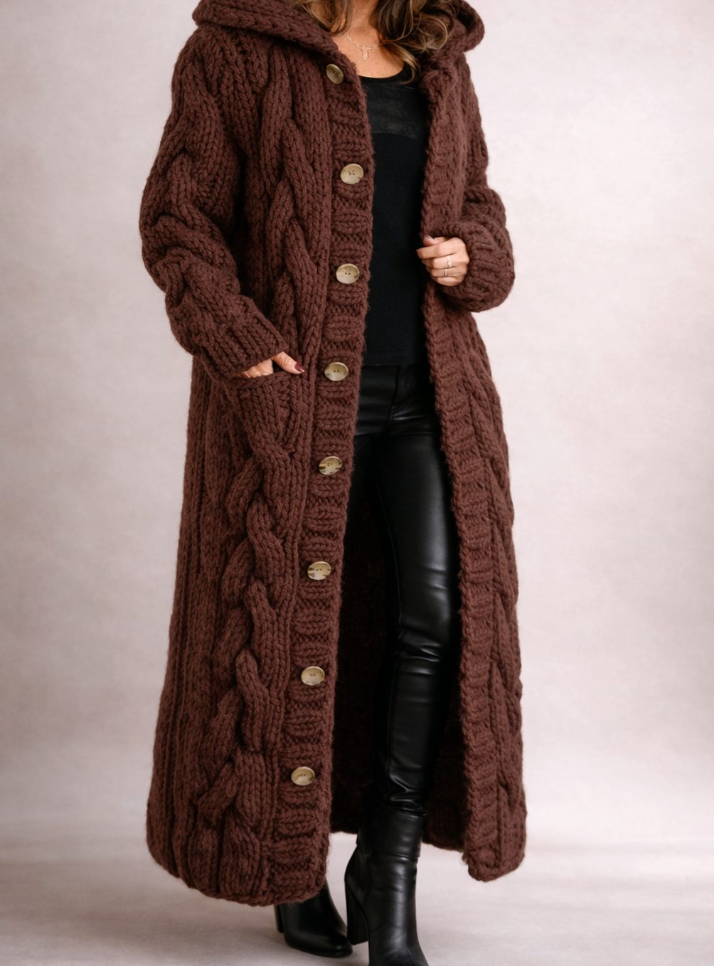 Women's Cable-Knit Hooded Maxi Cardigan Coat Button-Front - Brown