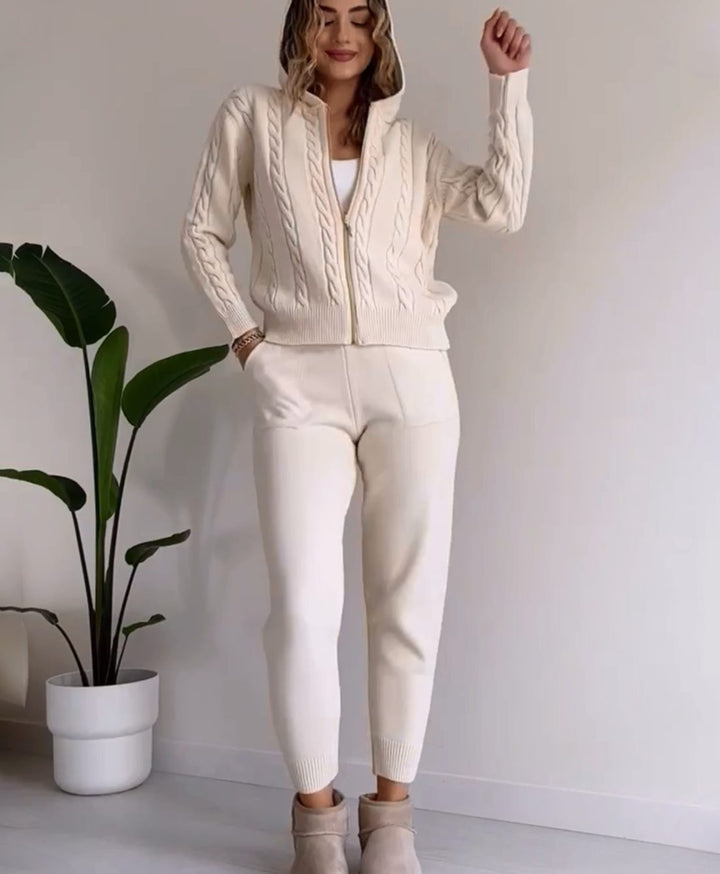 Women's Cable-Knit Hooded Zip Cardigan Jogger Two-Piece Set