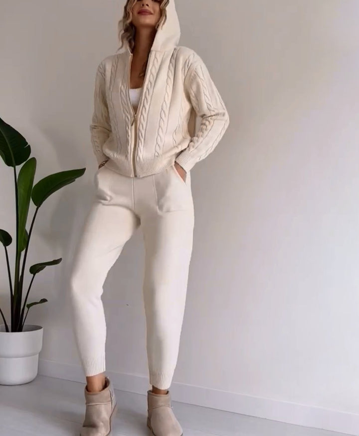 Women's Cable-Knit Hooded Zip Cardigan Jogger Two-Piece Set