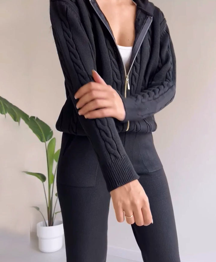 Women's Cable-Knit Hooded Zip Cardigan Jogger Two-Piece Set