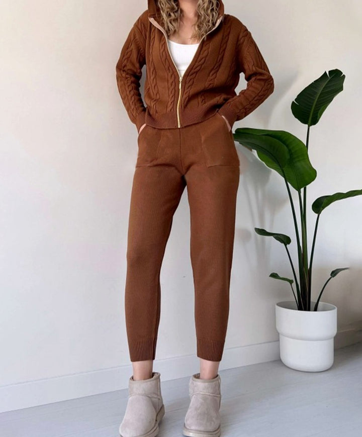 Women's Cable-Knit Hooded Zip Cardigan Jogger Two-Piece Set - Brown