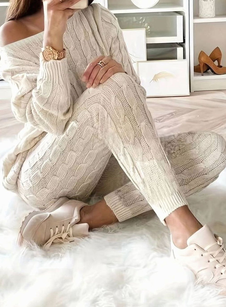Women's Cable-Knit Loungewear Jumper Trouser Co-ord Set - Beige