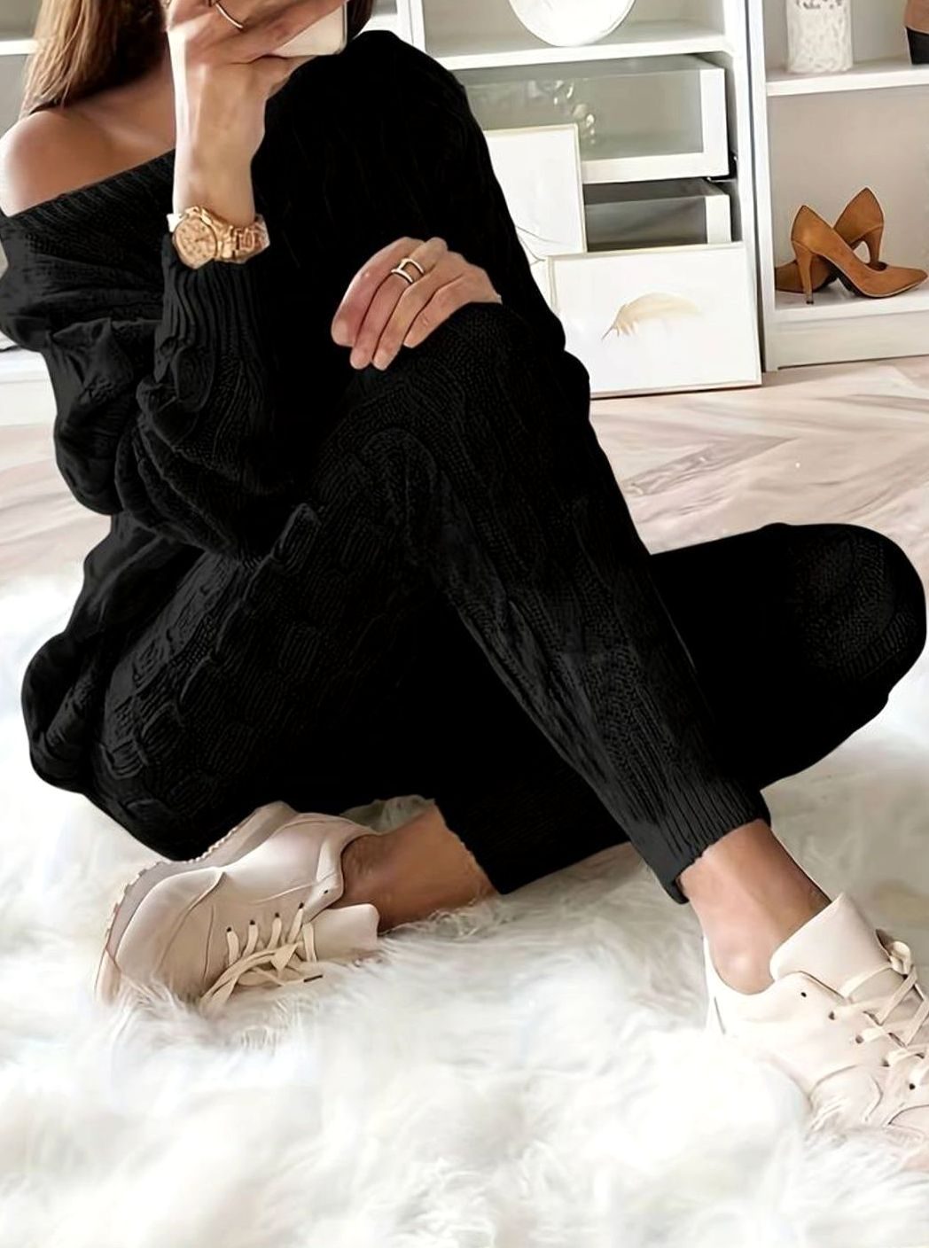 Women's Cable-Knit Loungewear Jumper Trouser Co-ord Set - Black