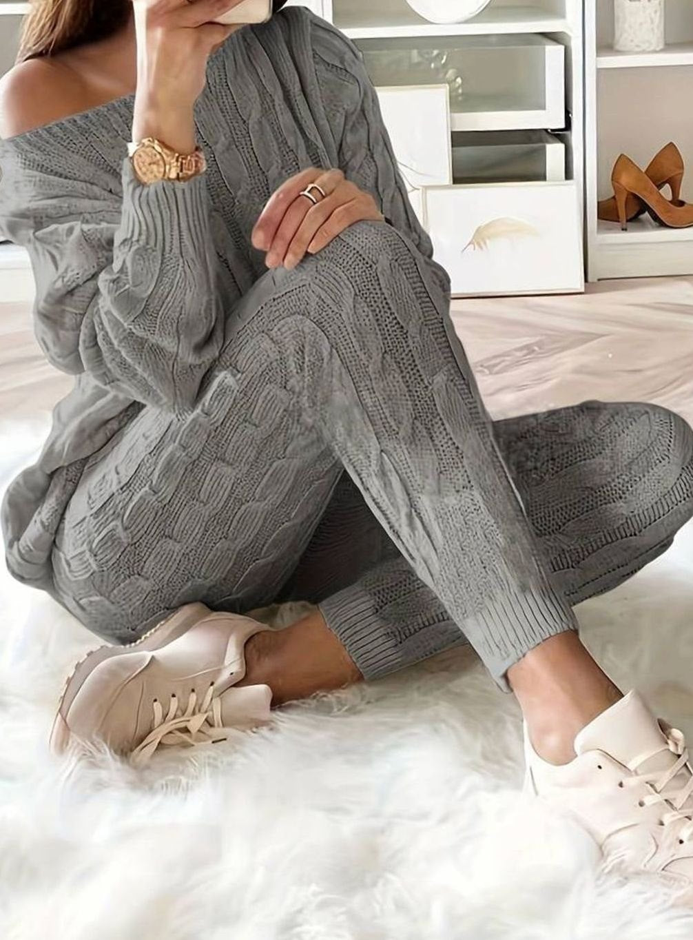 Women's Cable-Knit Loungewear Jumper Trouser Co-ord Set - Grey