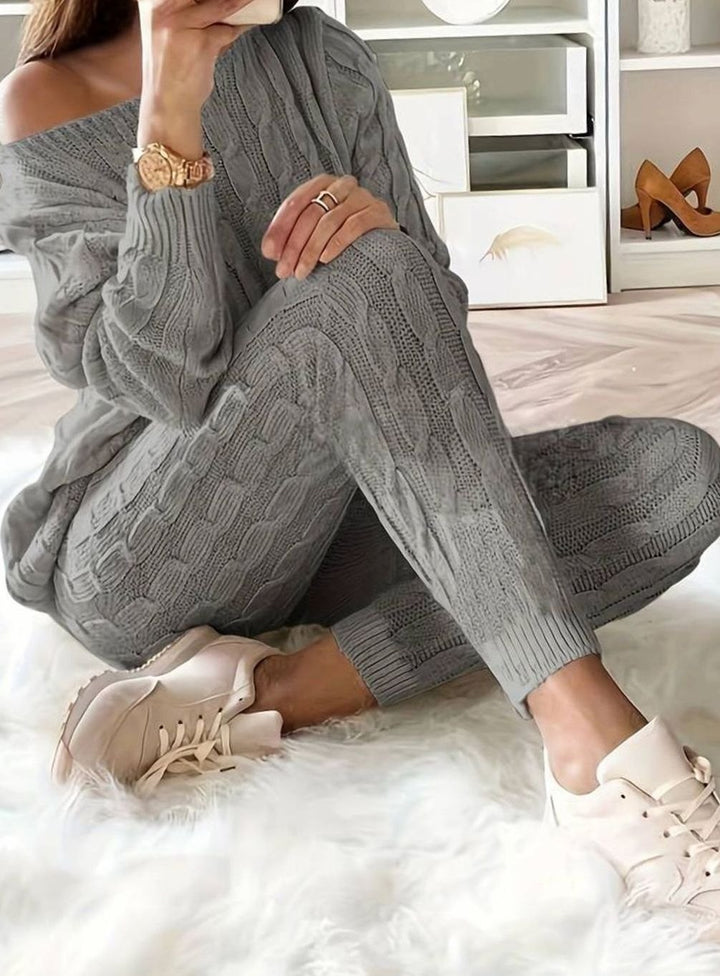 Women's Cable-Knit Loungewear Jumper Trouser Co-ord Set - Grey