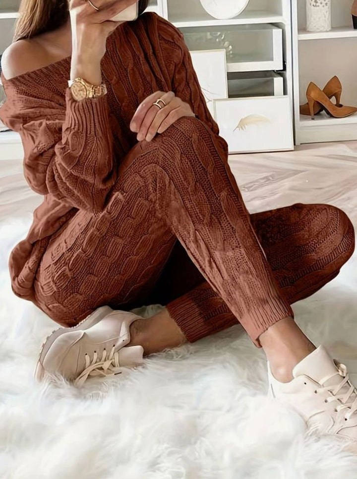 Women's Cable-Knit Loungewear Jumper Trouser Co-ord Set - Dark Brown