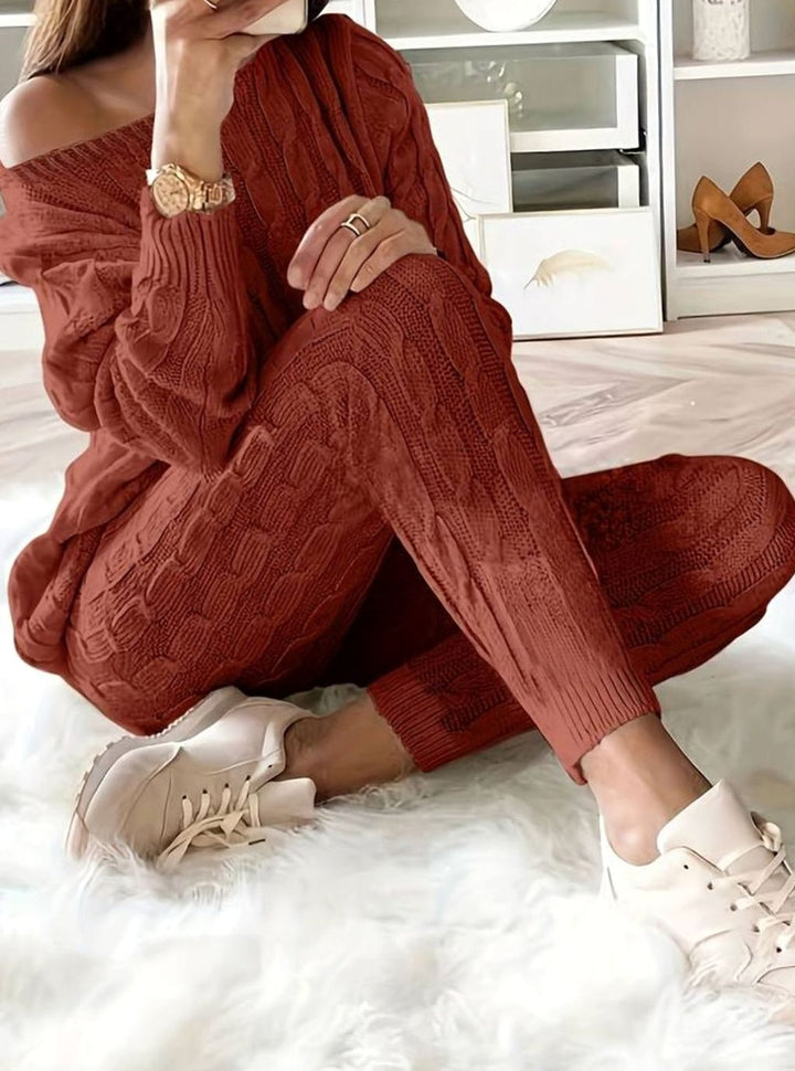 Women's Cable-Knit Loungewear Jumper Trouser Co-ord Set - Red