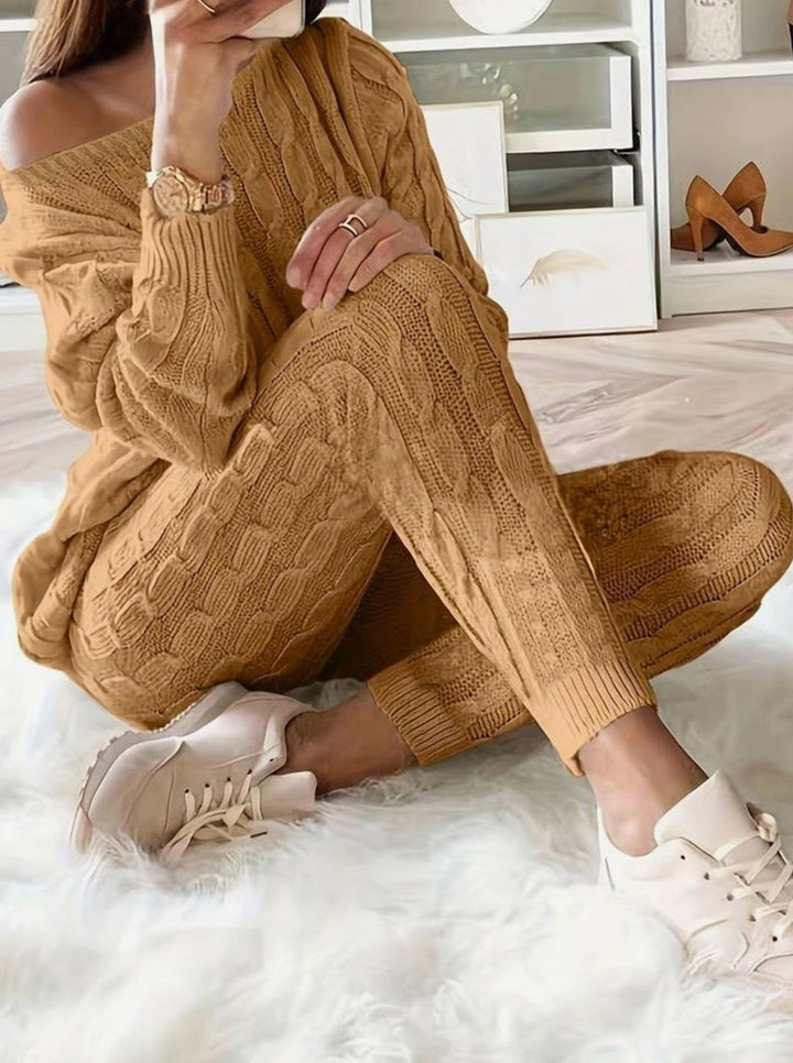 Women's Cable-Knit Loungewear Jumper Trouser Co-ord Set - Coffee