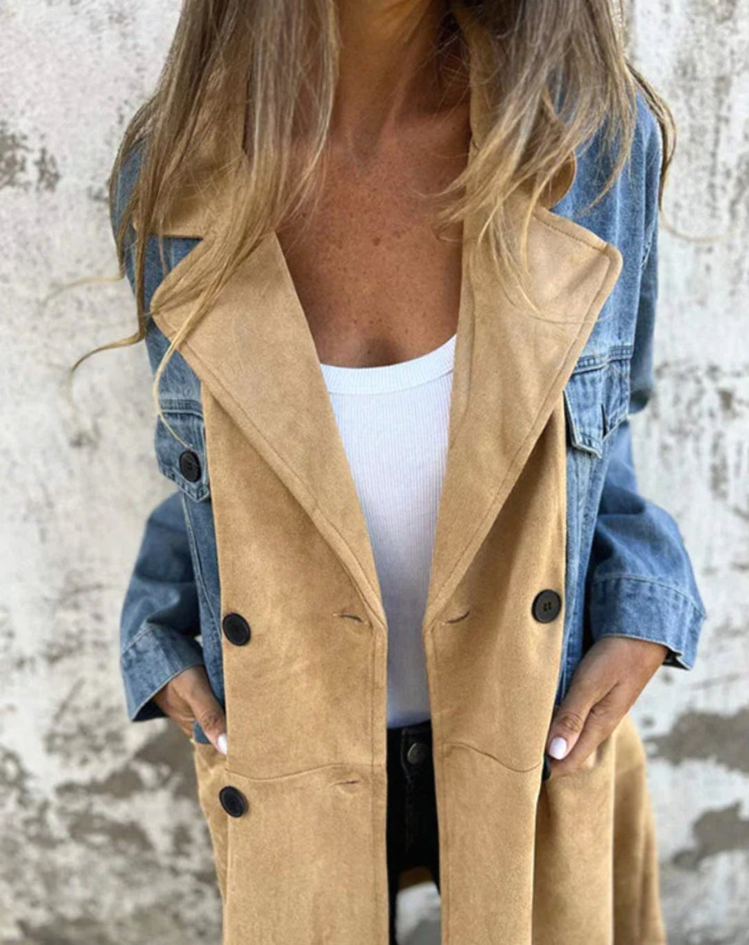 Women's Camel Suede Denim Contrast Panel Longline Coat - Beige