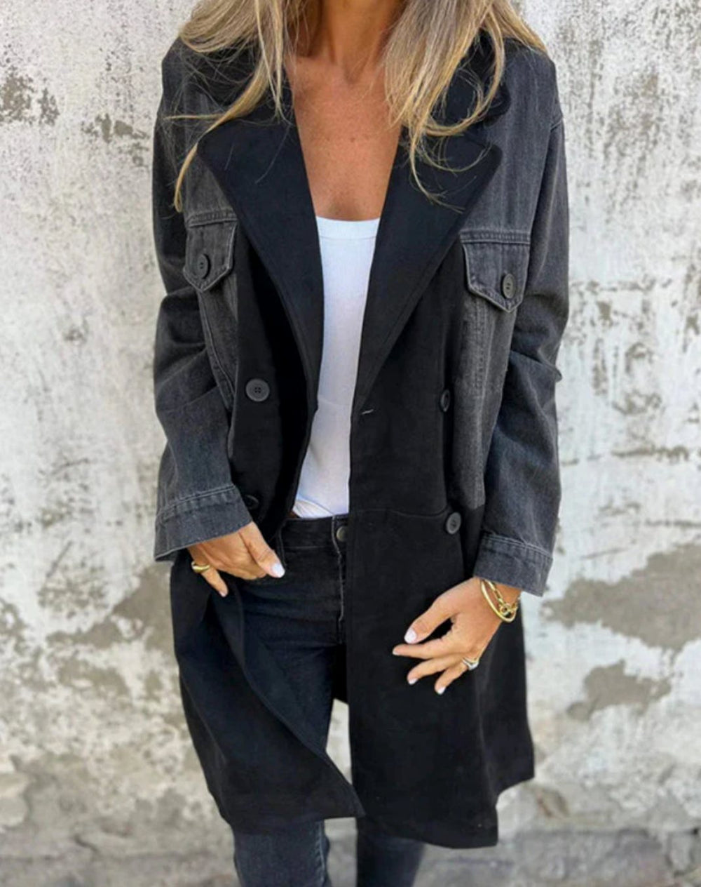 Women's Camel Suede Denim Contrast Panel Longline Coat - Black