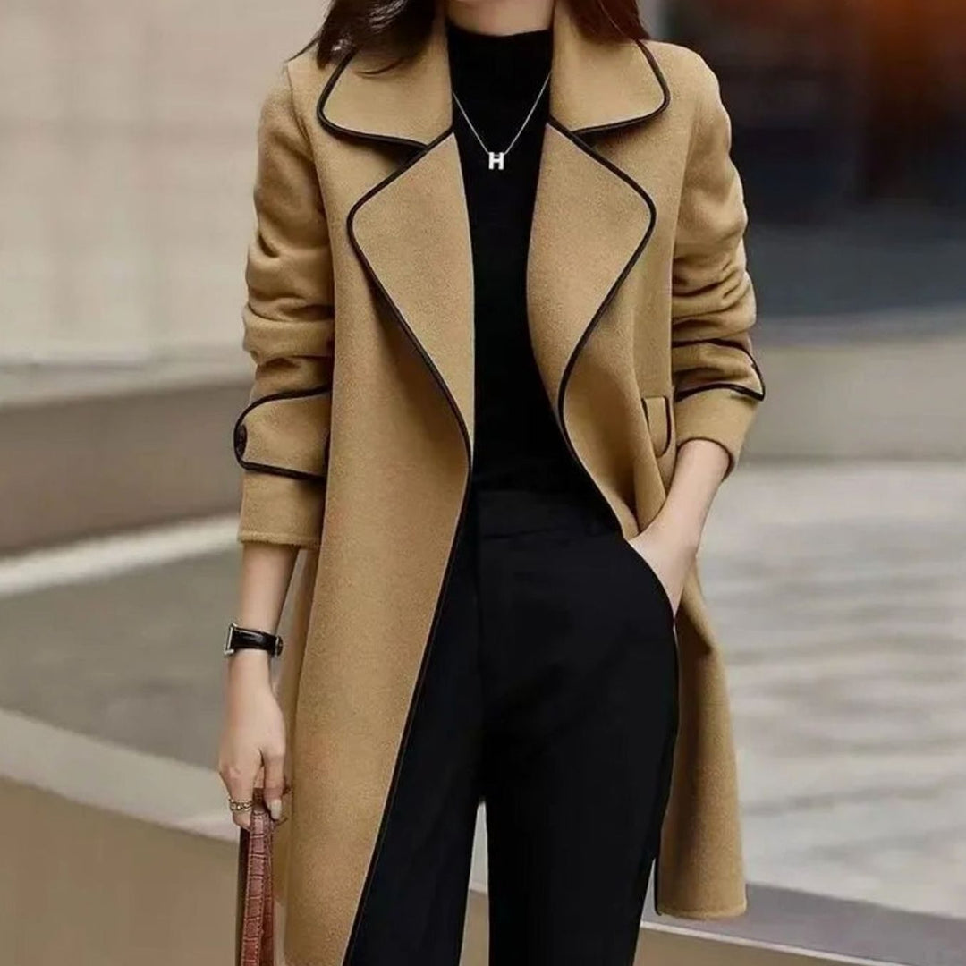 Women's Camel Wool-Blend Long Coat Contrast Piping Lapel