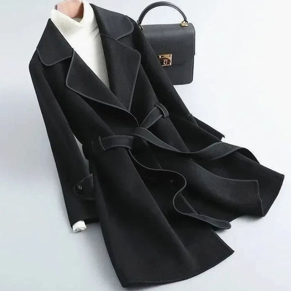 Women's Camel Wool-Blend Long Coat Contrast Piping Lapel