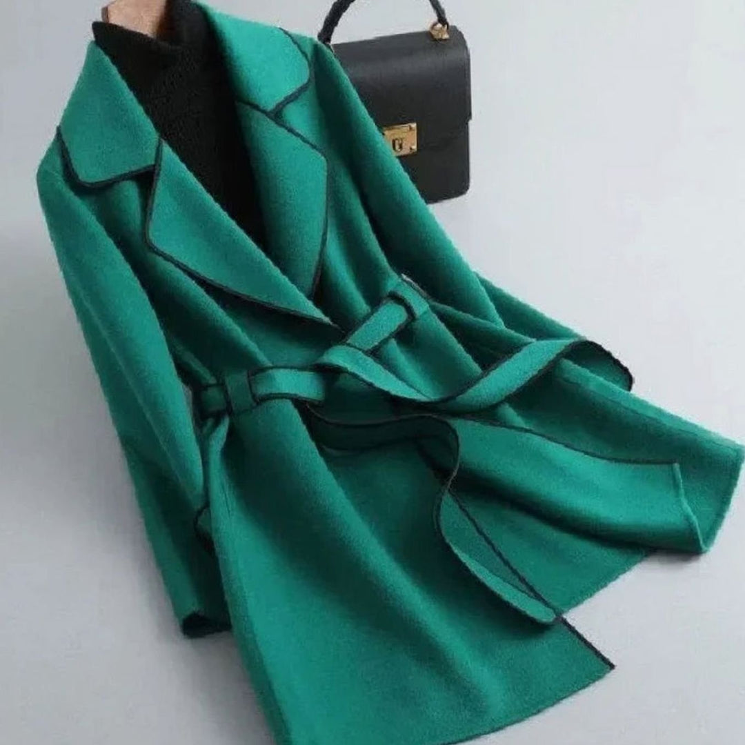 Women's Camel Wool-Blend Long Coat Contrast Piping Lapel - Green