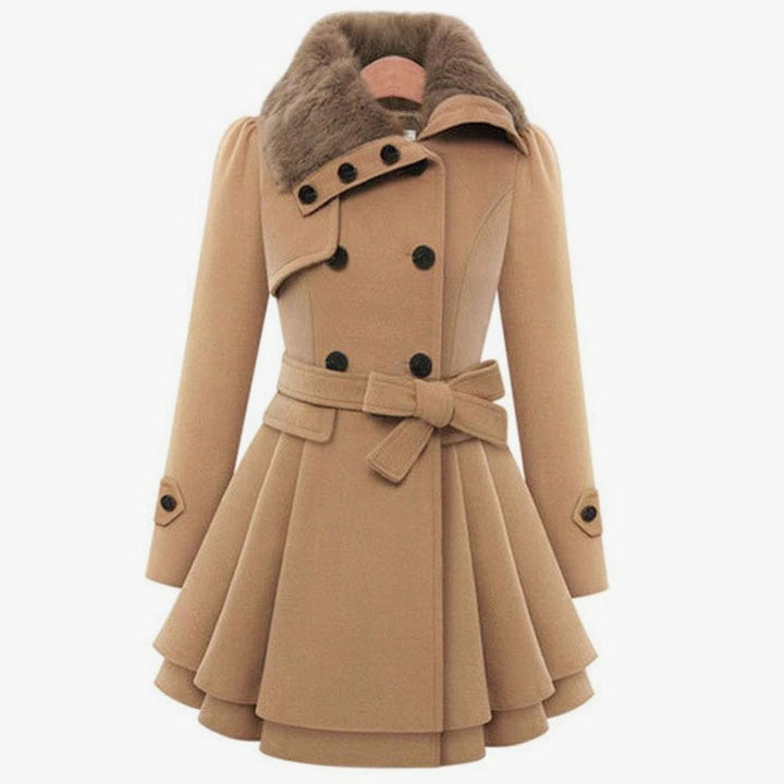 Women's Camel Wool Coat Double-Breasted Faux Fur Collar Belted Skater - Camel