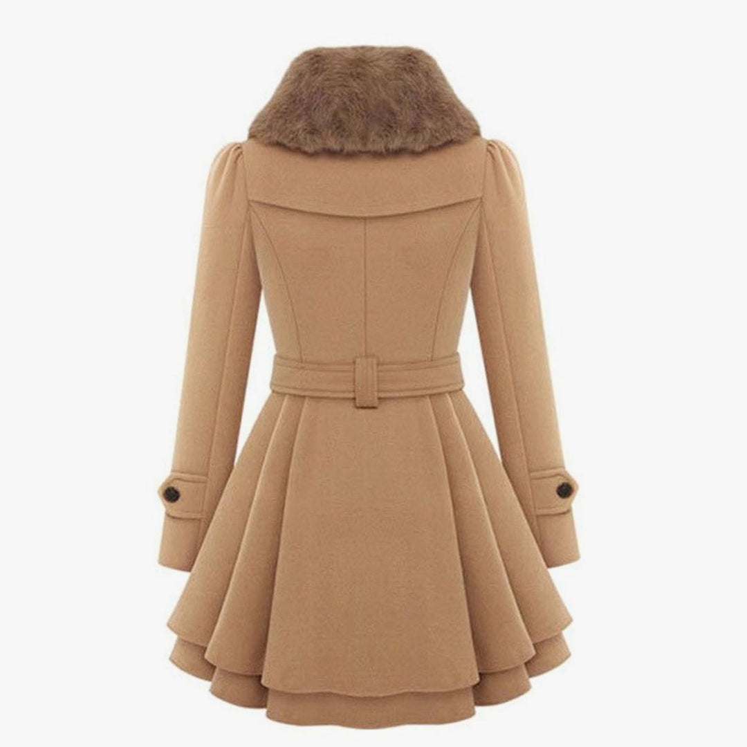 Women's Camel Wool Coat Double-Breasted Faux Fur Collar Belted Skater