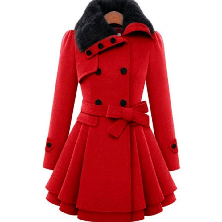 Women's Camel Wool Coat Double-Breasted Faux Fur Collar Belted Skater - Red
