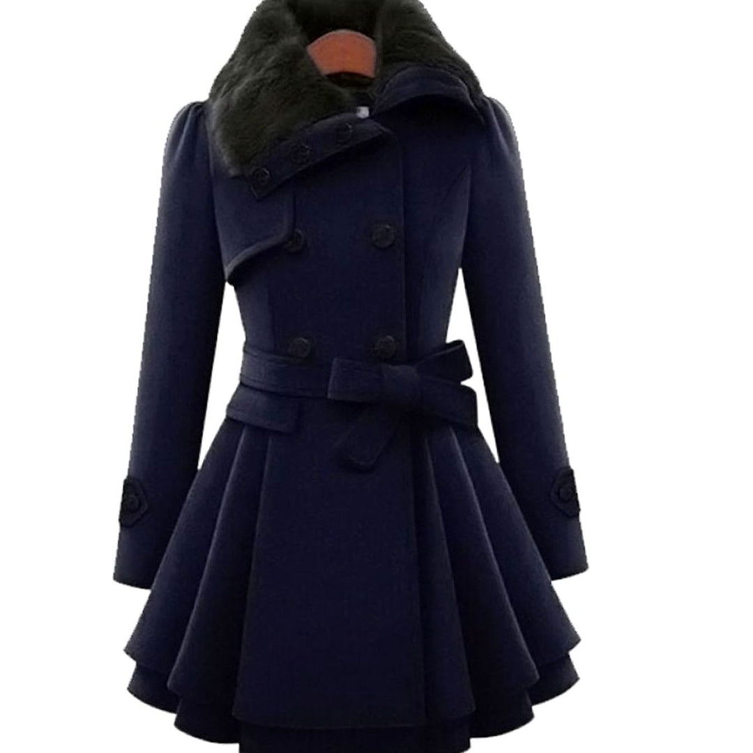 Women's Camel Wool Coat Double-Breasted Faux Fur Collar Belted Skater - Navy Blue