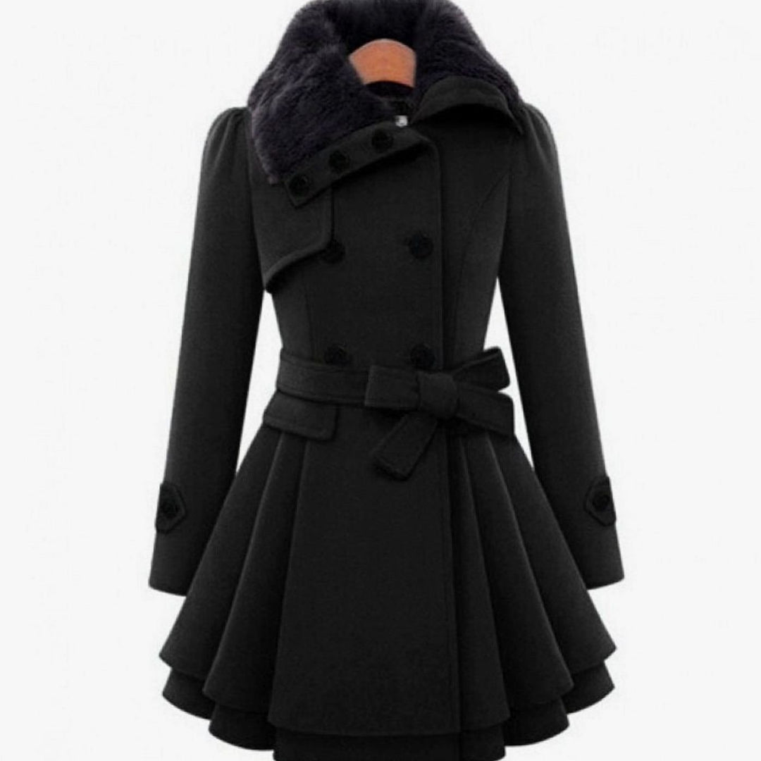 Women's Camel Wool Coat Double-Breasted Faux Fur Collar Belted Skater - Black