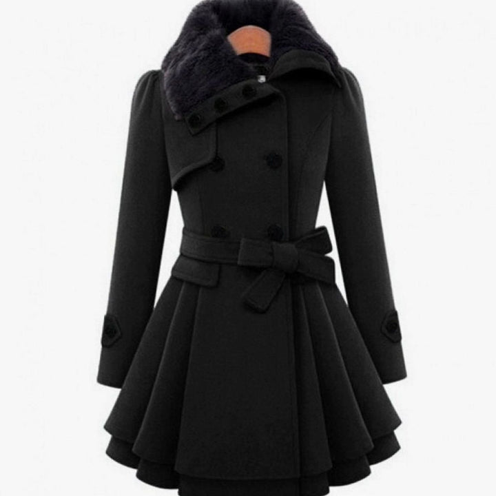 Women's Camel Wool Coat Double-Breasted Faux Fur Collar Belted Skater - Black