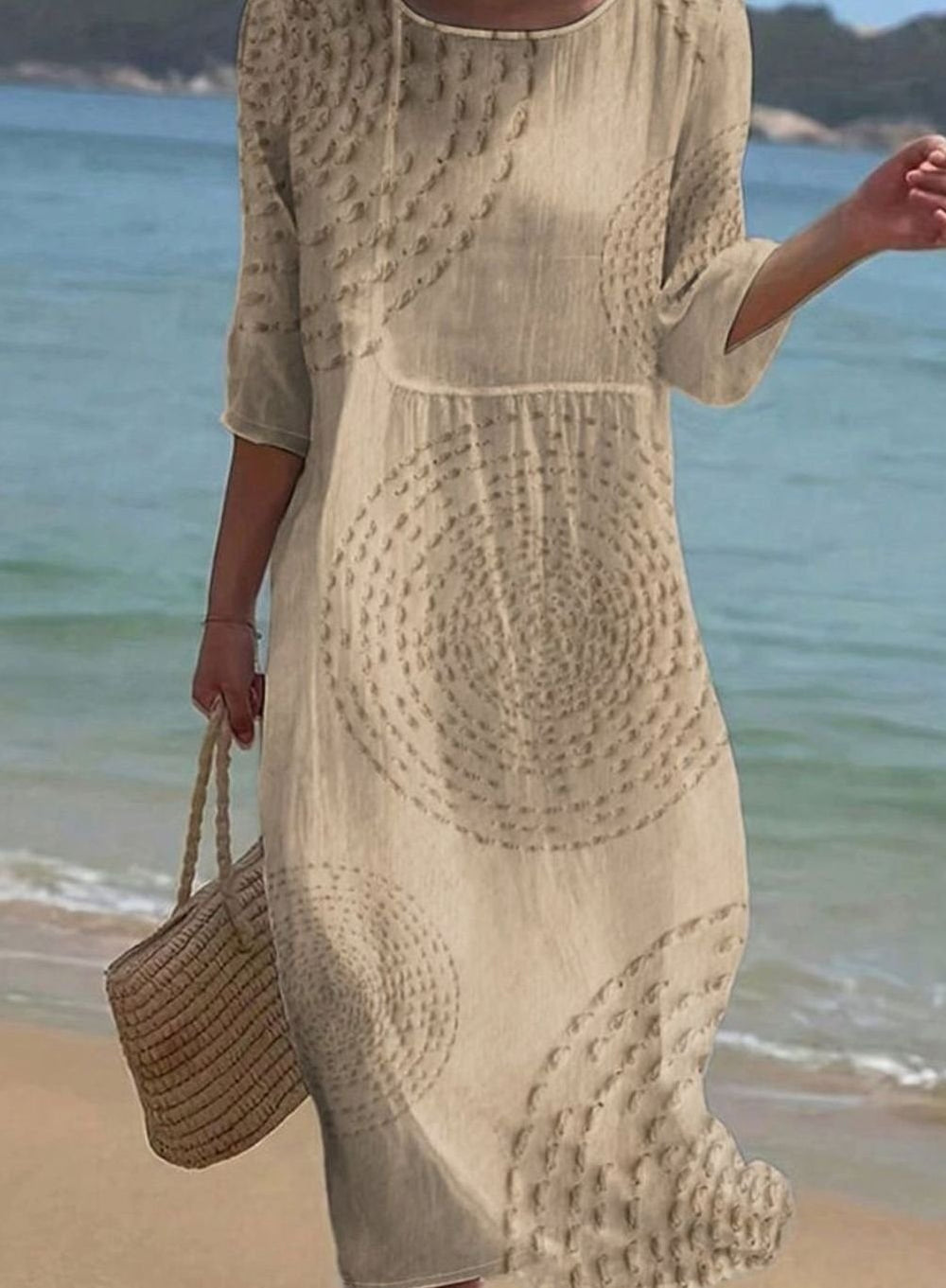 Women's Casual Loose Midi Crew-Neck Textured 3/4 Sleeve Dress
