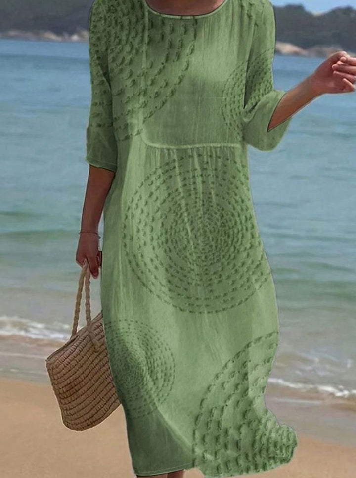 Women's Casual Loose Midi Crew-Neck Textured 3/4 Sleeve Dress