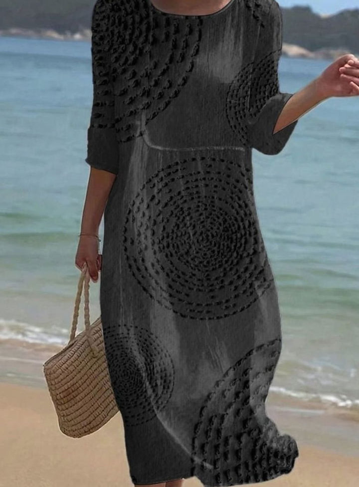 Women's Casual Loose Midi Crew-Neck Textured 3/4 Sleeve Dress