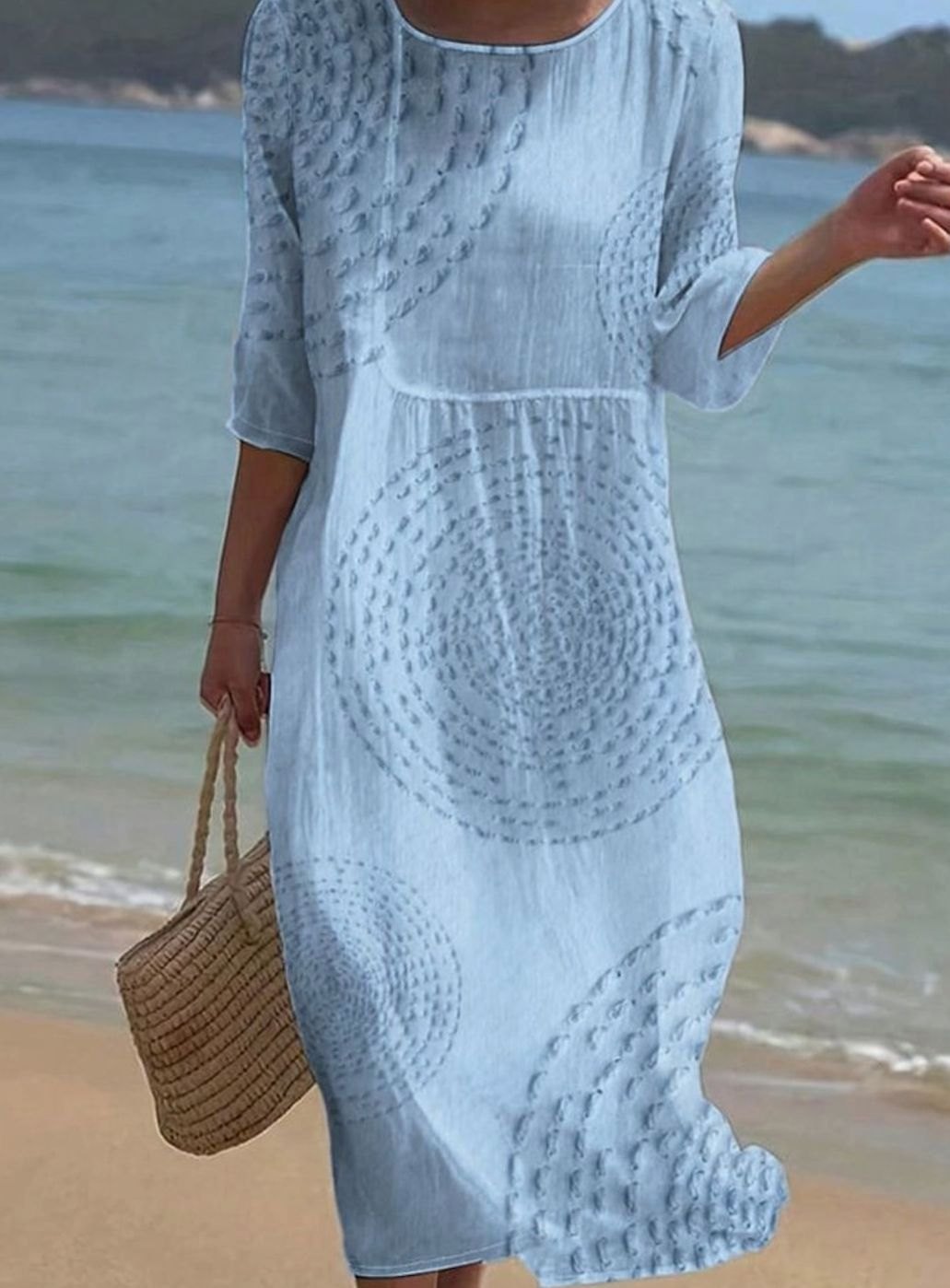 Women's Casual Loose Midi Crew-Neck Textured 3/4 Sleeve Dress
