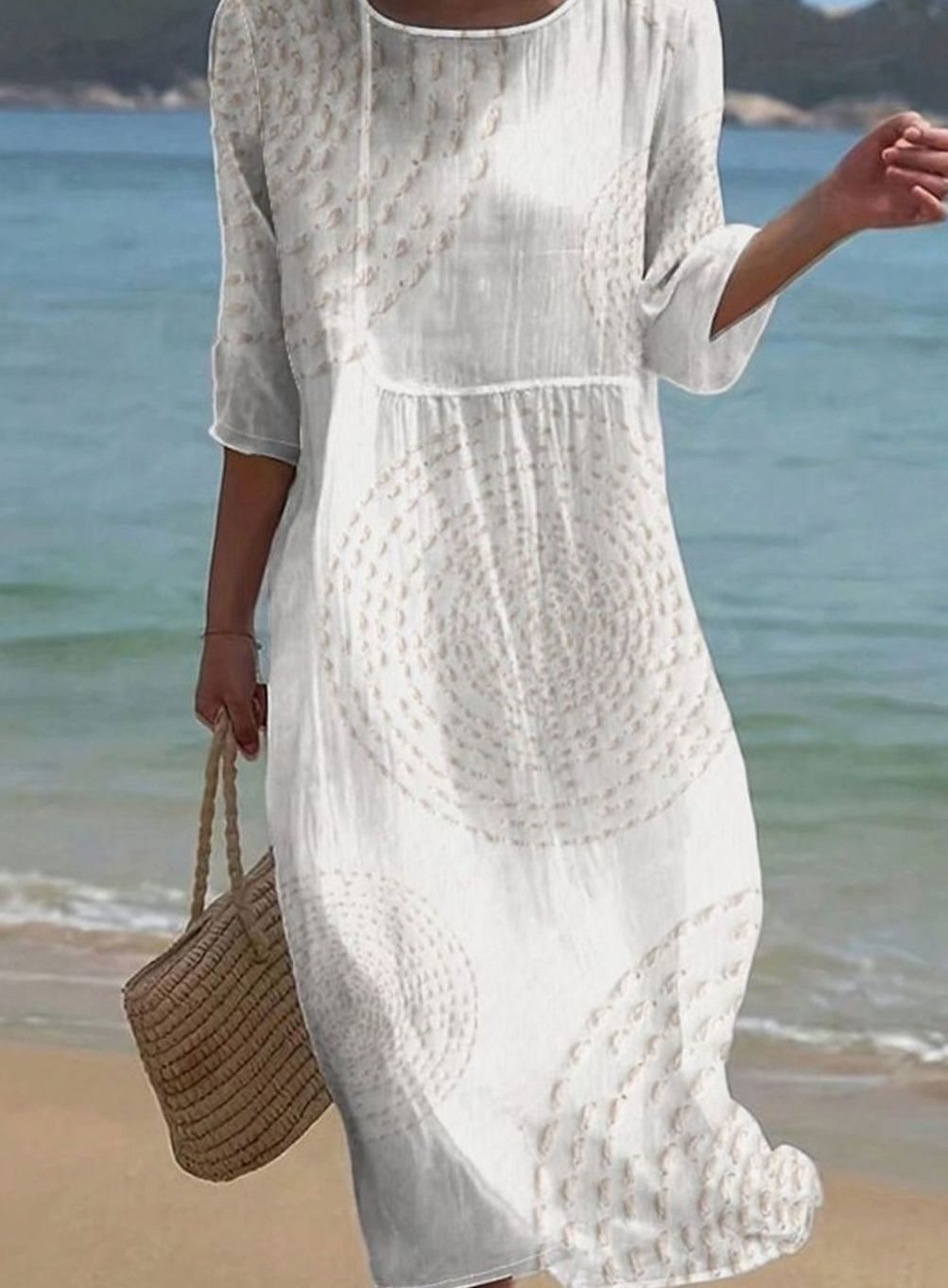 Women's Casual Loose Midi Dress Crew-Neck Textured 3/4 Sleeve